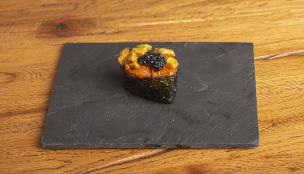 Spicy Bio Scottish Salmon with Black Truffle Guncan Nigiri Sushi